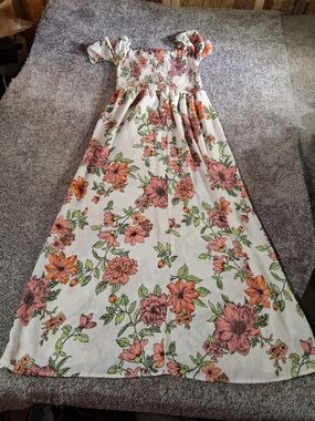 Nevena Floral Smocked Maxi Dress - White with Pink & Orange Flowers